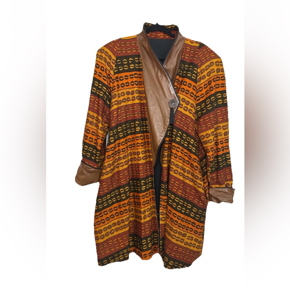 VTG African Printed Trench Coat Jacket Earthy Mud Cloth Print Leather Trim Large